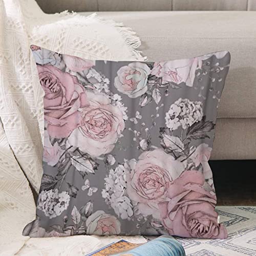 Kissenbezug 45x45 cm,Rosa Blumen und Blätter auf grauem Aquarell-Blumenmuster,Outdoor Kissen Kissenbezüge Kissenhülle Sofa Kissen dekokissen Zierkissen für Wohnzimmer Garten deko draußen von ANNKOOT