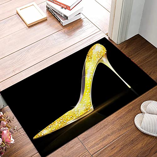 Weich Badezimmerteppich 50x80 cm,High Heel Shiny Diamond Crystal Schuhe Mode Mädchen Einfach Schwarz Gold,,Rutschfest waschbar Badematte, Badteppich Mikrofaser Saugfähig Badvorleger Duschvorleger von ANNKOOT