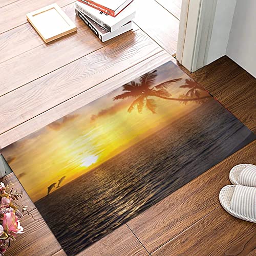 Weich Badezimmerteppich 50x80 cm,Palmen in Tropical Island Beach Springende Fische und majestätisches Sonnenunt,Rutschfest waschbar Badematte, Badteppich Mikrofaser Saugfähig Badvorleger Duschvorleger von ANNKOOT