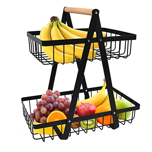 ANNTIM 2 Stockig Obstkorb Etagere, Obstschale Etagere mit Holzgriff, Obst Etagere 2 Stöckig, Metall Schwarz Obstschalen mit Griff für Obst, Gemüse, Snacks zu Hause, Küche, Büro, mit Schraubendreher von ANNTIM