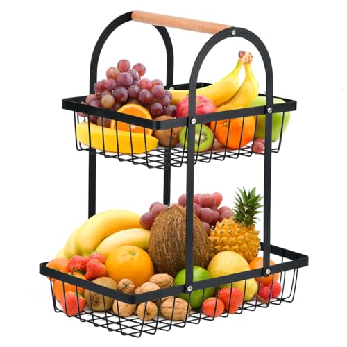 ANNTIM 2 Stockig Obstkorb Etagere, Obstschale Etagere mit Holzgriff, Obst Etagere 2 Stöckig, Metall Schwarz Obstschalen mit Griff für Snacks zu Hause, Küche, Büro, Obst, Gemüse von ANNTIM