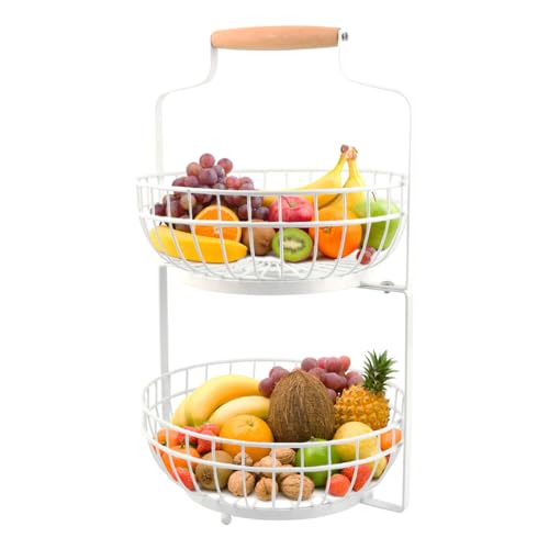 ANNTIM 2 Stockig Obstkorb Etagere, Weiß Obstschale Etagere mit Holzgriff, Obst Etagere 2 Stöckig, Metall Schwarz Obstschalen mit Griff für Obst, Gemüse zu Hause, Küche, Büro, mit Schraubendreher von ANNTIM