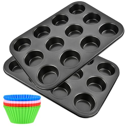 ANNTIM 2 Stück Muffinform für 12 Muffins, Kohlenstoffstahl Mini Muffins Backform, Antihaft Muffinblech und 12 Silikon Muffinform Backförmchen, Muffinform Blech für Cupcakes, Brownies, Kuchen, Pudding von ANNTIM