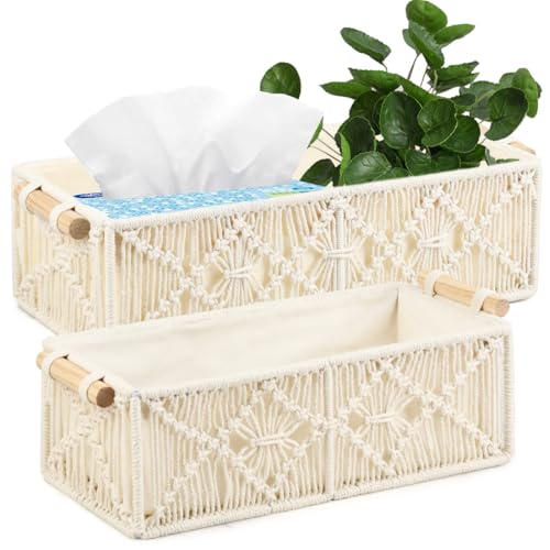 ANNTIM 2er Set Makramee Aufbewahrungskorb Geflochten, Weiß Korb Badezimmer Aufbewahrung Deko Korb Geflochten, Handarbeit Makramee Aus Baumwollseil mit Griffen für Deko, Geschenkekorb, Brotkorb von ANNTIM