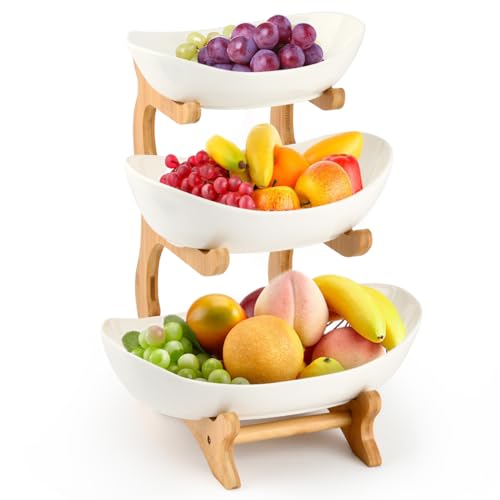 ANNTIM Etagere 3 Etagen, Obst Etagere 3 Stöckig Obstschale Keramik, Weiß Obstkorb Etagere 3 Stöckig mit Natürlichem Bambus Ständer Servierteller für Obst, Kuchen, Süßigkeiten von ANNTIM