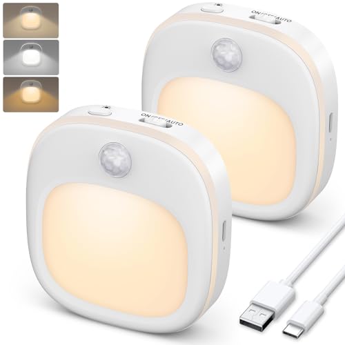 LED Nachtlicht mit Bewegungsmelder, [2 Stück] USB Aufladbar Nachtlicht Kinder mit 3 Farben (Warm/Warmweiß/Weiß),15%-100% Dimmung, Aufklebbares Nachtlampe für Treppe,Flur, Kinderzimmer, Schlafzimmer von ANOPU