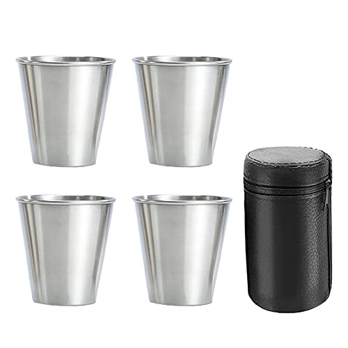 ANORE Schnaps Becher Rostfreiem, Set mit 4 Becher, Schnaps GläSer Metall, Stapelbar, Flachmann Klein mit Leder Tasche für Draussen von ANORE