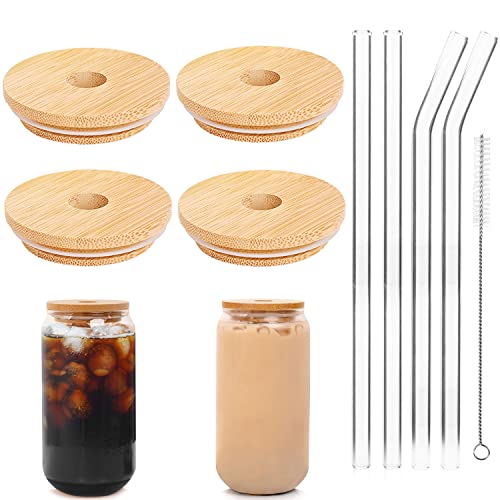 ANOTION Bambusdeckel für Bierdosenglas, Deckel mit Strohhalmloch, 4 wiederverwendbare Bambus-Trinkdeckel für normale Öffnung, Einmachglas mit 4 wiederverwendbaren Glasstrohhalmen Boba Cup von ANOTION