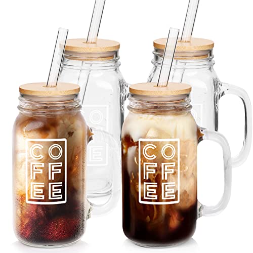 ANOTION Einmachglas Kaffeetassen mit Griff, Eiskaffeebecher mit Deckel und Strohhalm, 680 ml, normales Einmachglas mit Griff, Glas, Kaffee, Trinkgläser, Becher, Büro, Zuhause von ANOTION
