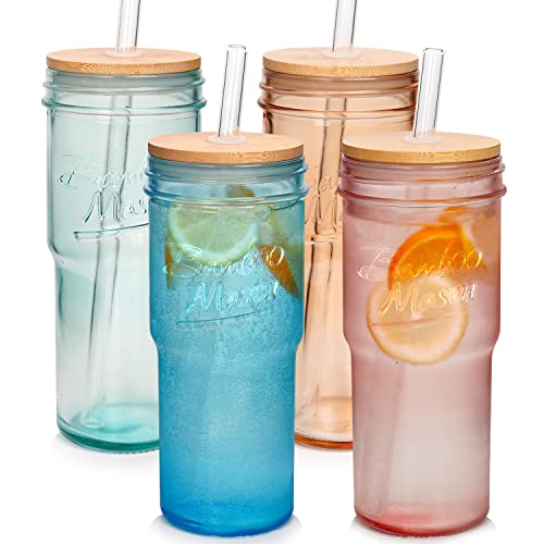 ANOTION Farbige Glasbecher mit Deckel und Strohhalmen 24oz Reise Kaffeebecher Breiter Mund Mason Jar Eiskaffee Tasse Smoothie Cup Glas Tumbler Tee von ANOTION