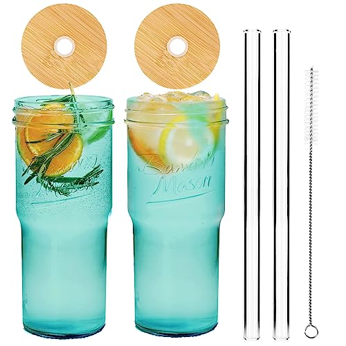 ANOTION Farbige Glasbecher mit Deckel und Strohhalmen 24oz Reise Kaffeebecher Breiter Mund Mason Jar Eiskaffee Tasse Smoothie Cup Glas Tumbler Tee von ANOTION