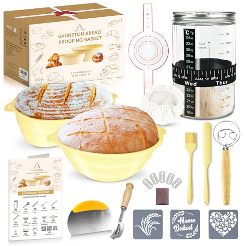 ANOTION Gärkörbchen, 14 Stück Sauerteig Starter Set, Brot Backen Zubehör Banneton Korb Kit für Sauerteig Gärung Brot Making Kit, 1000ml Brotdose von ANOTION