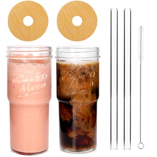 ANOTION Glasbecher mit Deckel und Strohhalmen, 2 Packungen, 680 ml, Reise-Kaffeetasse, breite Öffnung, Einmachglas, Eiskaffeebecher, Smoothie-Tasse, Glasbecher, niedliche Wasserbecher, Trinkgläser von ANOTION