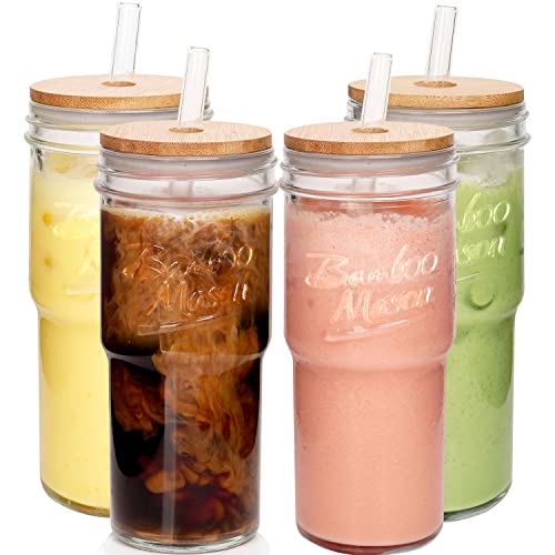 ANOTION Glasbecher mit Deckel und Strohhalmen, 4 Packungen, 680 ml, Reise-Kaffeetasse, breite Öffnung, Einmachglas, Eiskaffeebecher, Smoothie-Tasse, Glasbecher, niedliche Wasserbecher, Trinkgläser von ANOTION