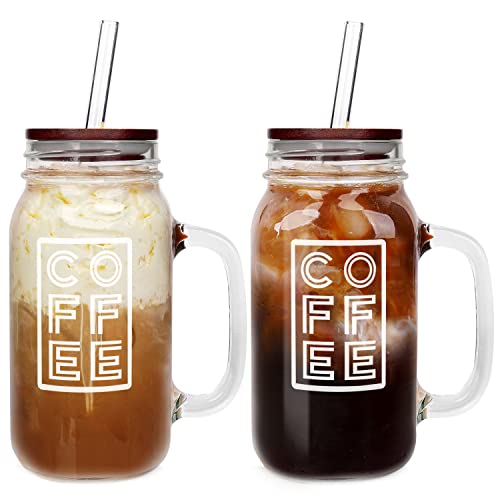 ANOTION Mason Jar Eiskaffeetasse mit Griff, 680 ml, normale Öffnung, Einmachgläser mit Deckel und Strohhalm, Glas, Kaffeetrinkgläser, Becher, wiederverwendbare Boba-Becher, Flaschen für Reisen, Büro, von ANOTION