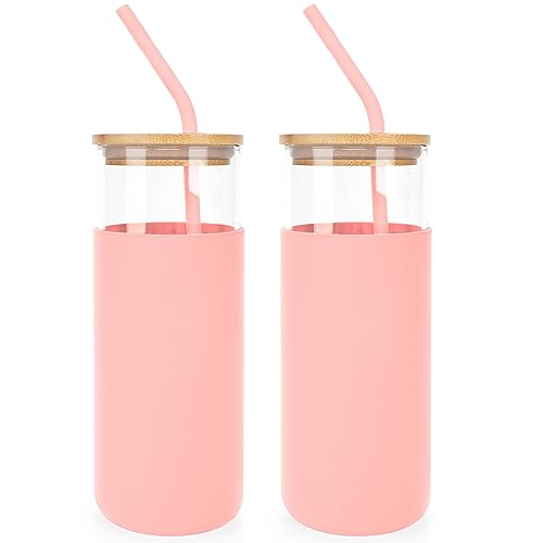 ANOTION Tumbler mit Trinkhalm und Deckel, Trinkflasche Glas Wasserflasche mit Silikonhülle mit Bambusdeckel– 450 ML- Rosa-2-Sätze von ANOTION