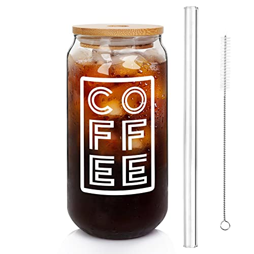 Eiskaffeetasse mit Deckel und Strohhalm, ANOTION Bierdose Glas mit Bambusdeckel 20 Oz Glas Kaffeetassen Wiederverwendbare Trinkgläser Tumbler to Go Kaffeetassen für Reisen Büro Zuhause Tee Saft von ANOTION