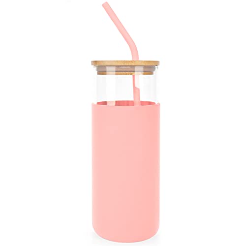 ANOTION Glasbecher mit Strohhalm und Deckel 16 Unzen Glas Tumbler Glas Wasserflasche (16oz, Pink) von ANOTION