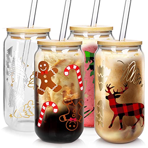 Weihnachtstassen, 550ml Weihnachtskaffee Tassen Bier Dose Glas mit Deckel und Stroh Bunte Weihnachtsbaum Elch Tumbler Trinkgläser Glaswaren von ANOTION