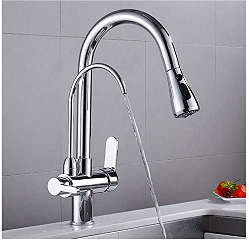 3-Wege-Wasserhahn Küche mit Hochbogen-Wasserfilter, herausziehbar, Doppelgriff, 360° drehbar, Deckmontage, Beige (Chrom A) von ANQECAJH