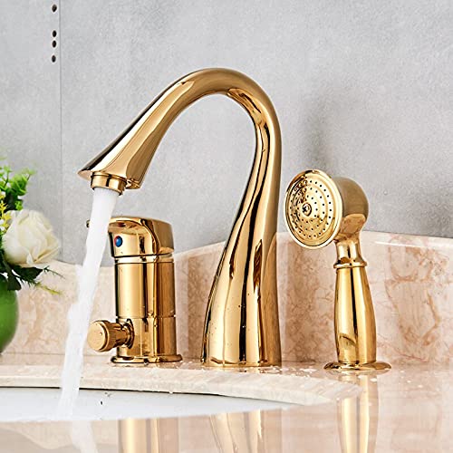 Badezimmer Gold Waschbecken Wasserhahn Messing Badewanne Armaturen Heiß und Kalt Mischer Wasserhähne mit Handbrause Waschbecken Wasserhähne(Gold Polish) von ANQECAJH