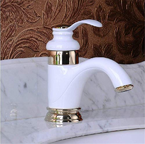 Bronze Antike Teekanne Typ Gold/Schwarz/Silber/Gebürstet Heiß- und Kaltwassermischer Badezimmer Waschbecken Wasserhahn Küchenarmatur Waschbecken Einhandgriff Golden(Milk White) von ANQECAJH