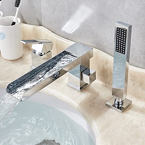 Wasserfall-Badewannenarmatur in Mattschwarz, Chrom, mit herausziehbarer Handbrause, Einhebelmischer, Wasserfall-Waschtischarmatur(Chrome) von ANQECAJH