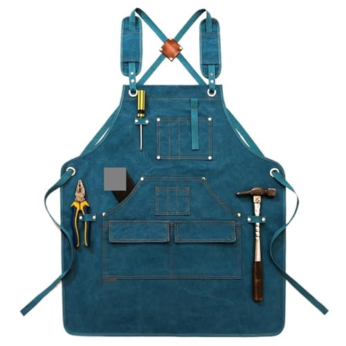Arbeitsschürze 2pcs Work Apron With Tool Pockets Heavy Duty Unisex Canvas Goods Adjustable Cross-Back Straps For Woodworking Painting(Blue) von ANQKYO