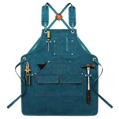 Arbeitsschürze Heavy Duty Unisex Canvas Work Apron With Tool Pockets Cross-Back Straps Adjustable For Woodworking Painting(Blue) von ANQKYO