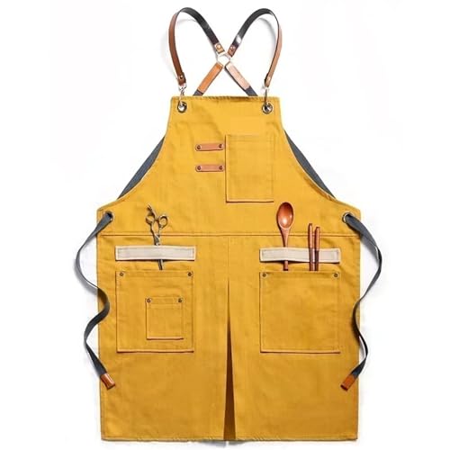 Arbeitsschürze Heavy Duty Unisex Canvas Work Apron With Tool Pockets Cross-Back Straps Adjustable For Woodworking Painting(Yellow) von ANQKYO