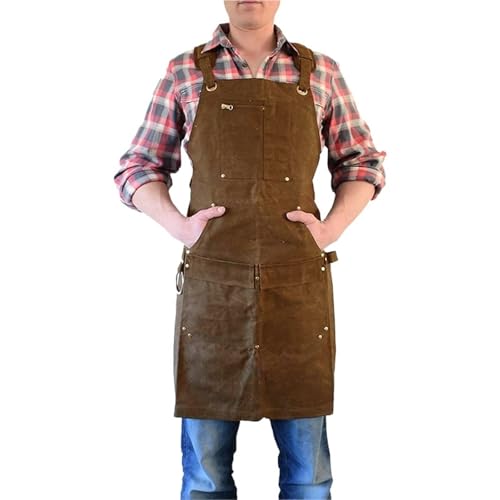 Arbeitsschürze Waxed Canvas Waterproof Auto Woodworker Multifunctional Zipper Pocket Chef Adjustable Heavy Industry Mechanic Apron(Camel Apron) von ANQKYO