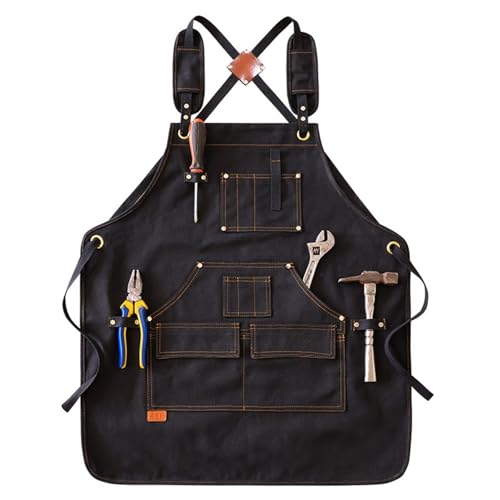 Arbeitsschürze Work Apron With Tool Pockets Heavy Duty Unisex Canvas Adjustable Cross-Back Straps Apron For Carpenter Painting Home(Black) von ANQKYO