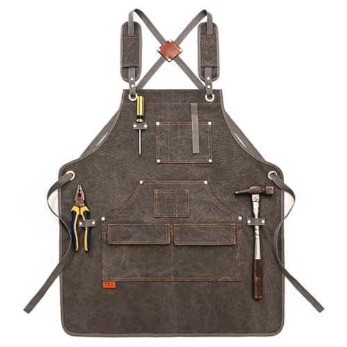 Arbeitsschürze Work Apron With Tool Pockets Heavy Duty Unisex Canvas Adjustable Cross-Back Straps Apron For Carpenter Painting Home(Gray) von ANQKYO