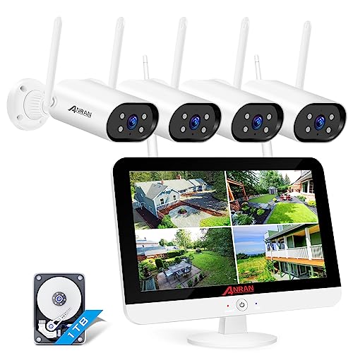 [Tonaufnahmen und Erweiterbar] ANRAN 2K 3MP HD Überwachungskamera Set Außen WLAN 13 Zoll 5MP HD LCD Monitor 8CH NVR mit 4X 3MP Kabellose wasserdichte Nachtsichte Kamera Vorinstalliert 1TB Festplatte von ANRAN