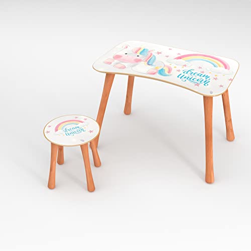 ANRO Kindertisch mit Stuhl Kindersitzgruppe Kinder Tisch Hocker Set Holz für Kleinkinder Motiv Dream Unicorn für Jungs und Mädchen von ANRO