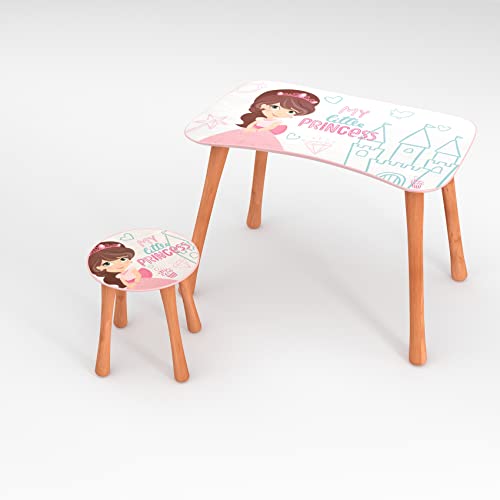 ANRO Kindertisch mit Stuhl Kindersitzgruppe Kinder Tisch Hocker Set Holz für Kleinkinder Motiv Little Princess für Jungs und Mädchen von ANRO