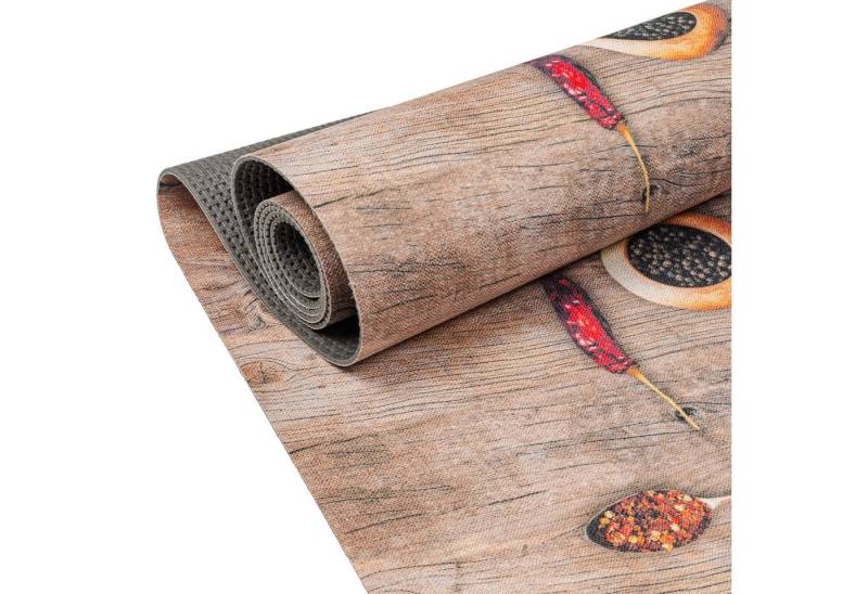 ANRO Küchenläufer RANNA Premium Läufer Küchenteppich Teppich Textil, Eckig, Bodenläufer 100x65cm Gewürze auf Holz Beige pflegeleicht von ANRO