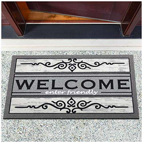 ANRO Schmutzfangmatte Fußmatte Schuhabstreifer Türmatte Schuhmatte Gummi Fußabtreter rutschfest für außen, innen, Eingangsbereich Welcome Friendly Grau 40x68cm von ANRO