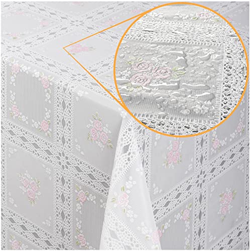 ANRO Tischdecke Lace Vinyl Wachstuch Häkel Spitze Optik Wasserfest Blumen Karo Rosa/Weiß 140x138cm von ANRO