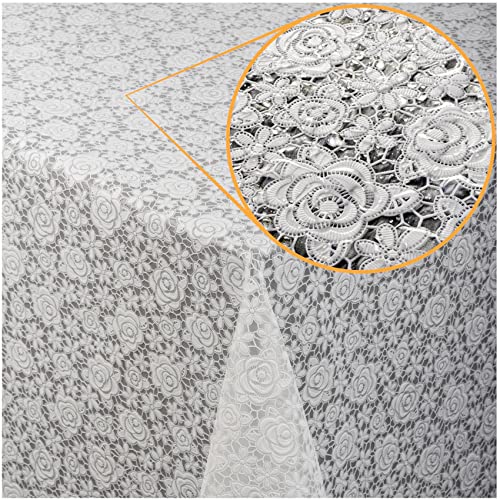 ANRO Tischdecke Lace Vinyl Wachstuch Häkel Spitze Optik Wasserfest Rosen Anthrazit Rosen Weiß 120x138cm von ANRO