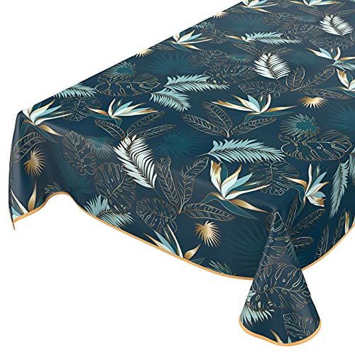 ANRO Wachstuchtischdecke abwaschbar Garten Tischdecke Wachstuch Rund Oval Eckig Indoor Outdoor Blätter Gold Blau 120x140cm mit Saum - Eingefasst von ANRO