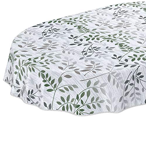 Wachstuchtischdecke abwaschbar Garten Tischdecke Wachstuch Rund Oval Eckig Indoor Outdoor Blätter Silber Grün Oval 220x140cm mit Saum - Eingefasst von ANRO