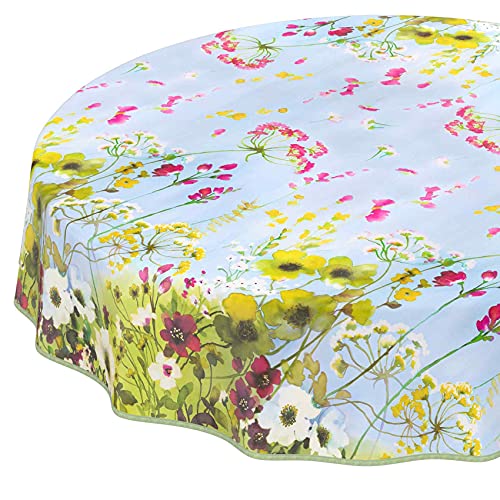 Wachtuchtischdecke abwaschbare Tischdecke Wachstuch Wildfeld Blumen Heide Mehrfarbig pflegeleicht Rund 100cm eingefasst von ANRO