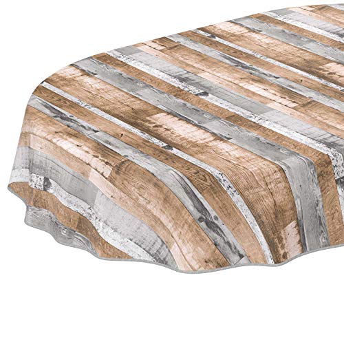 ANRO Tischdecke Wachstuch abwaschbar Wachstuchtischdecke Wachstischdecke Holz Diele Grau-Braun Oval 180x140cm mit Saum - Eingefasst von ANRO