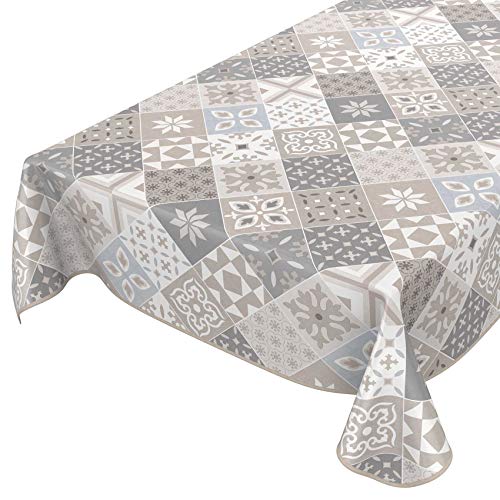ANRO Tischdecke Wachstuch abwaschbar Wachstuchtischdecke Wachstischdecke Kacheloptik Fliese Beige Grau Blau 200x140cm mit Saum - Eingefasst von ANRO