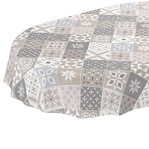 ANRO Tischdecke Wachstuch abwaschbar Wachstuchtischdecke Wachstischdecke Kacheloptik Fliese Beige Grau Blau Oval 160x140cm von ANRO