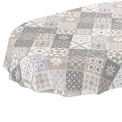 ANRO Tischdecke Wachstuch abwaschbar Wachstuchtischdecke Wachstischdecke Kacheloptik Fliese Beige Grau Blau Oval 200x140cm von ANRO