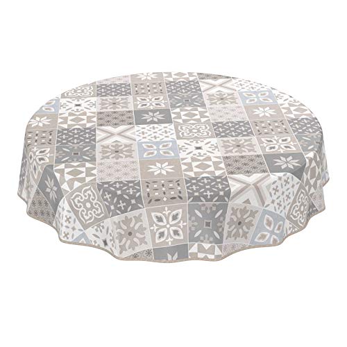 ANRO Tischdecke Wachstuch abwaschbar Wachstuchtischdecke Wachstischdecke Kacheloptik Fliese Beige Grau Blau Rund 120cm mit Saum - Eingefasst von ANRO
