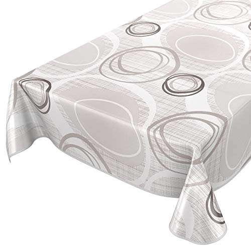 ANRO Tischdecke Wachstuch abwaschbar Wachstuchtischdecke Wachstischdecke Kreise Geometrie Weiß Silber 200x140cm mit Saum - Eingefasst von ANRO