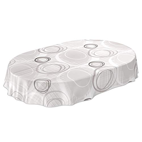 ANRO Tischdecke Wachstuch abwaschbar Wachstuchtischdecke Wachstischdecke Kreise Geometrie Weiß Silber Oval 180x140cm mit Saum - Eingefasst von ANRO
